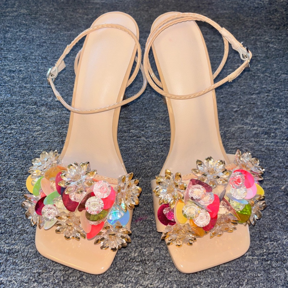 Women's Nude Jeweled Ankle-Strap Sandals